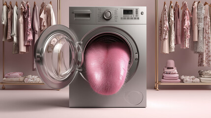 A washing machine with its door open reveals a large, textured, pink tongue inside, placed in a room with neatly arranged pastel clothes and accessories.