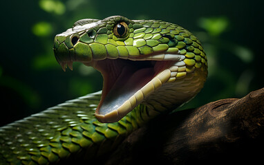 Naklejka premium Green snake with an open mouth resting on a branch in a lush forest environment