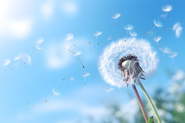 Fototapeta premium Dandelion seeds dispersing into the blue sky on a bright sunny day in springtime