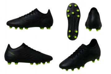 A pair of dynamic black cleats with neon green accents, shown from different angles to showcase the sleek design and performance features.