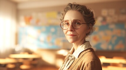 Portrait of a Mature Woman Teacher in a Classroom