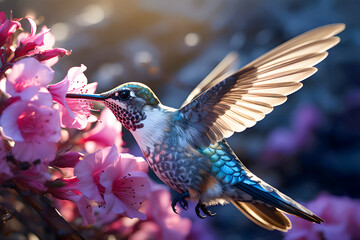 Fototapeta premium Hummingbird feeding on pink blossoms in a sunny garden setting during spring afternoon