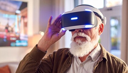 Senior man wearing VR headset exploring a virtual museum from home, warm lighting and modern space