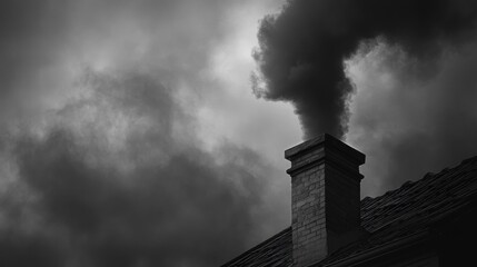 Dark smoke billows from a chimney against a dramatic sky