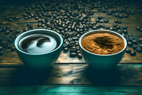 Coffee and ground coffee beans arranged on a rustic wooden table with scattered coffee beans and a warm ambiance - Powered by Adobe