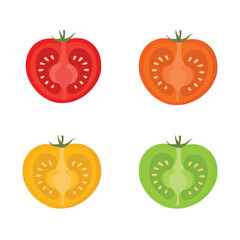 Red, Green, and Yellow Tomatoes Vector – Half-Cut Fresh Vegetable Illustration