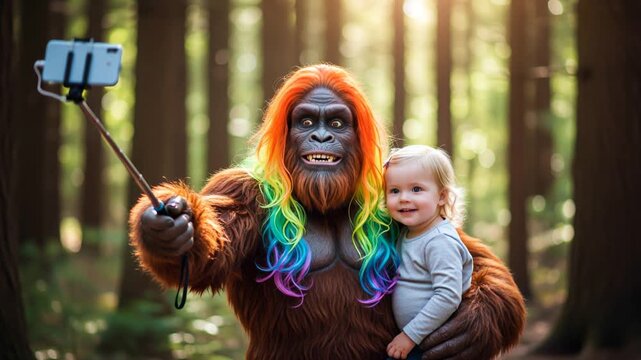 A bigfoot in a rainbow wig takes a selfie with a smiling child in a sunlit forest, using a selfie stick, blending humor and nature in a joyful moment