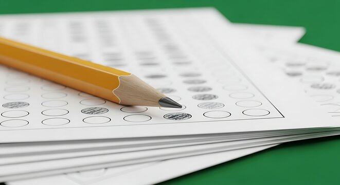 Pencil on Stack of Multiple Choice Test Papers.