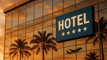 Modern five star hotel building with palm trees and airplane reflection at sunset