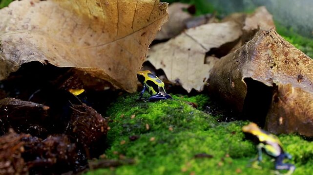 small poisonous frogs with striking patterns and colors. Dendrobates tinctorius frog