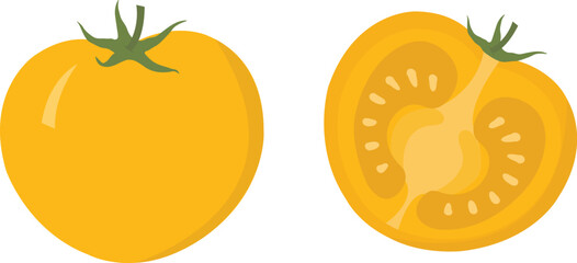 Yellow Tomatoes Vector – Whole and Halved Fresh Organic Vegetable Illustration