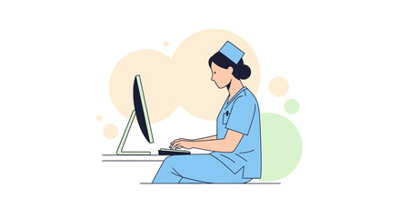 Female Medical Professional Working On Computer In Healthcare Context, Flat Vector Illustration
