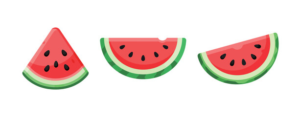 A set of three juicy watermelon slices in various shapes, with seeds, representing a refreshing, healthy, and delicious summer fruit.
