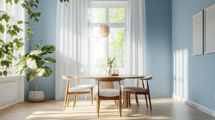 Bright dining room with wooden table chairs plants and blue walls.