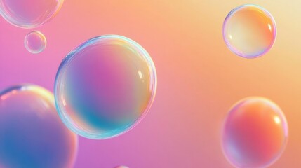 Colorful, iridescent bubbles in soft pastel hues against a gradient backdrop