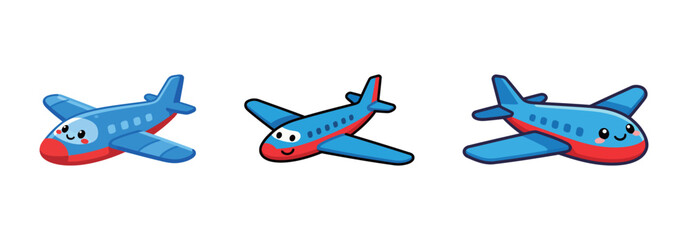 A set of three cute and friendly cartoon airplanes with smiley faces, representing air travel, vacation, and children's transportation.