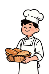 A male baker in a chef's hat and apron holding a basket of fresh bread, a concept of cooking, professional occupation, and handmade food.