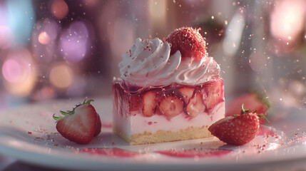 A strawberry shortcake topped with whipped cream and whole strawberries is set on a plate. The background features soft bokeh lighting, enhancing the dessert's presentation.
