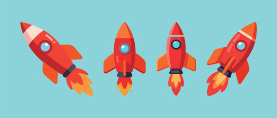 Four stylized red rockets blasting off with fiery exhaust, a concept of space exploration, startups, and achieving goals.