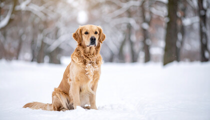 Golden retriever sitting in snowy park, fur glistening, snowflakes. Cute dog, pet. Domestic animal