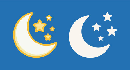 Two moon and star icons in a flat and outline style, representing night, sleep, dreams, and space.