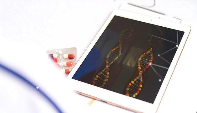 Tablet displaying DNA structure, beside pills
