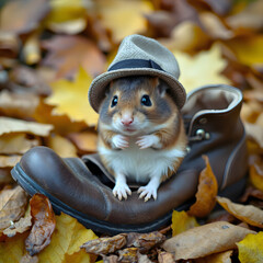 Obraz premium A cute mouse in an old hat sits in an old leather shoe, paws dangling in his shoes.
