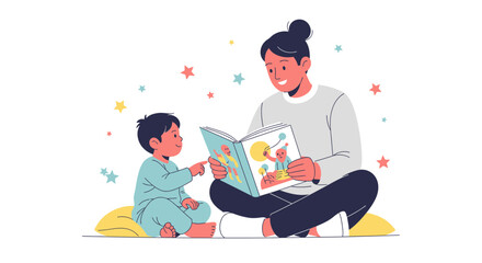 Gentle Storytime Illustration Depicting Parent-Child Interaction with Book and Imagination