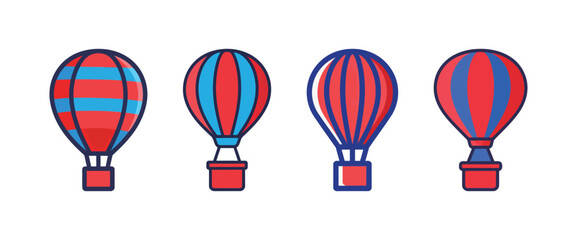 Four cartoon hot air balloons in red and blue, representing travel, adventure, freedom, and exploration in a simple, flat design style.