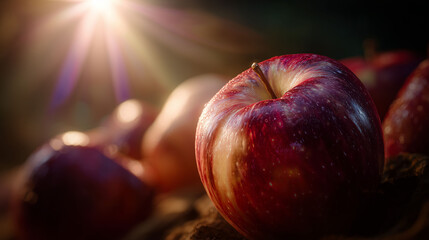 A close-up of a red apple with a shiny surface, capturing light reflections. In the soft-focus background, other apples are slightly visible under warm natural lighting.