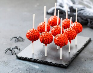 Halloween brain cake pops, red icing drip, group on slate, spooky dessert, novelty treats, spider Halloween decor

