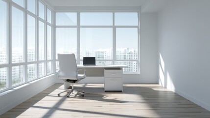 Modern Empty Office Interior with Desk and Natural Light – Minimalist Workspace Background for Websites and Design