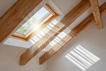 Sunlight shining through attic skylight window and wooden beams