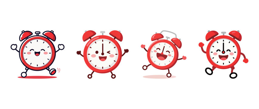 Four cute and happy cartoon red alarm clocks with expressive faces and bodies, representing time, punctuality, and a cheerful morning routine.