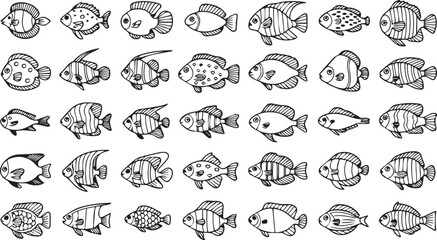 Vector art of a variety of fish illustrations in black and white