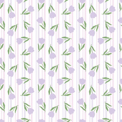 A seamless pattern of beautiful purple tulips with green leaves and stems. A white background decorated with purple and light pink stripes for curtains,wallpaper,textiles, wrapping paper,handkerchiefs