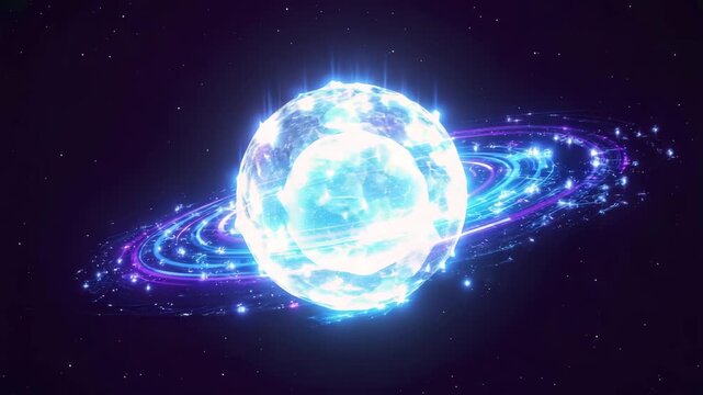 The orb rotates space, core containing neon-lit nano rings energy filaments constantly morph waves ripple sphere&rsquo;s surface holographic networks interlinked nodes global business connectivity
