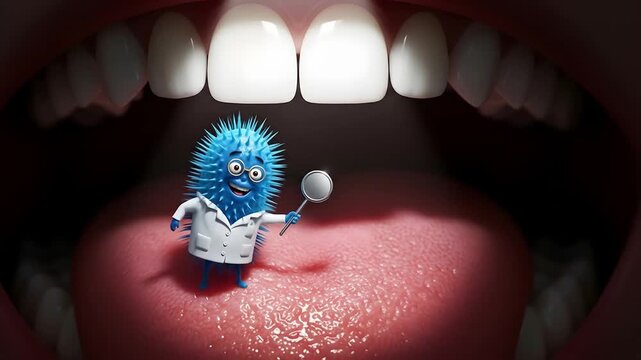 Cute cartoon germ dentist character examining clean teeth