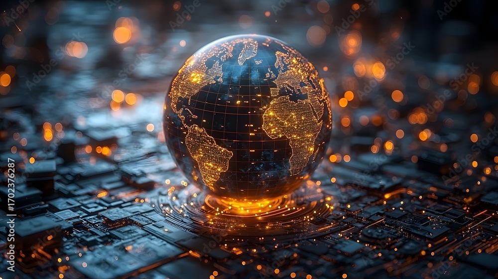 Poster a glowing digital globe on a circuit board symbolizing global technology and interconnectedness