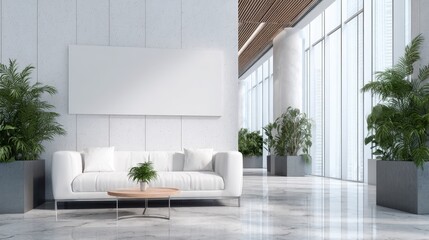 Modern Office Reception Area with White Sofa, Blank Frame, and Natural Light for Creative Mockups