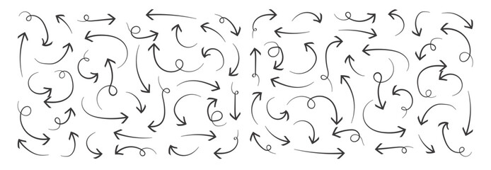 Set of hand draw arrows. Hand-drawn doodle arrows in various curved, wavy, and looped styles. Chalk, sketch-style navy arrows perfect for direction.  