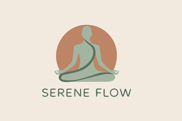 Serene flow meditative yoga logo, minimalist lotus and figure in pose, vector wellness brand for relaxation