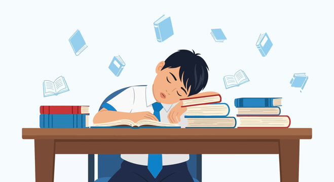 Exhausted Student Asleep on Textbook with Books, Illustrating Overstudy and Sleepiness