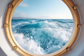Ocean waves splashing against cruise ship porthole on sunny day