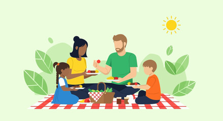 Family Enjoying A Pleasant Picnic Outdoors With Their Delights Near A Lovely Sunny Spot