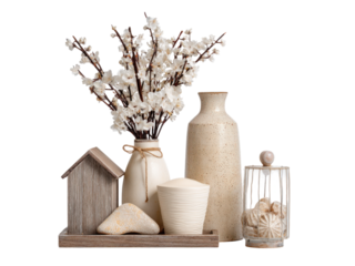 White floral arrangement ceramic vases decorative objects image, Isolated On Png Transparent Background