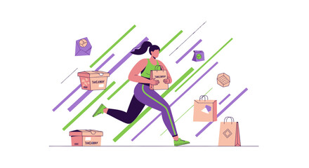 Fast Food Delivery Service: Animated Woman Running, Takeaway, Eco Packaging and Order