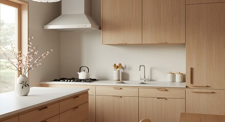 Fototapeta premium Serene Japandi Style Kitchen with Light Wood Cabinets and Minimalist Design