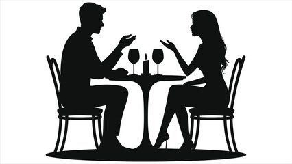 Silhouette of a romantic couple on a dinner date. Man and woman sitting at a restaurant table, talking and drinking wine. Vector illustration for love and relationship concepts, isolated on white.