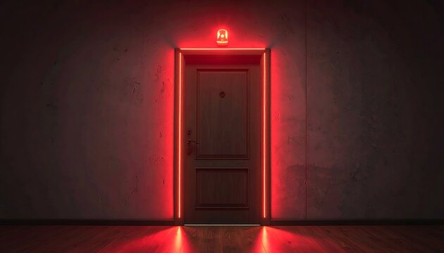 A dimly lit doorway glows with red neon, creating a sense of mystery and intrigue. Dark walls lead to the closed door